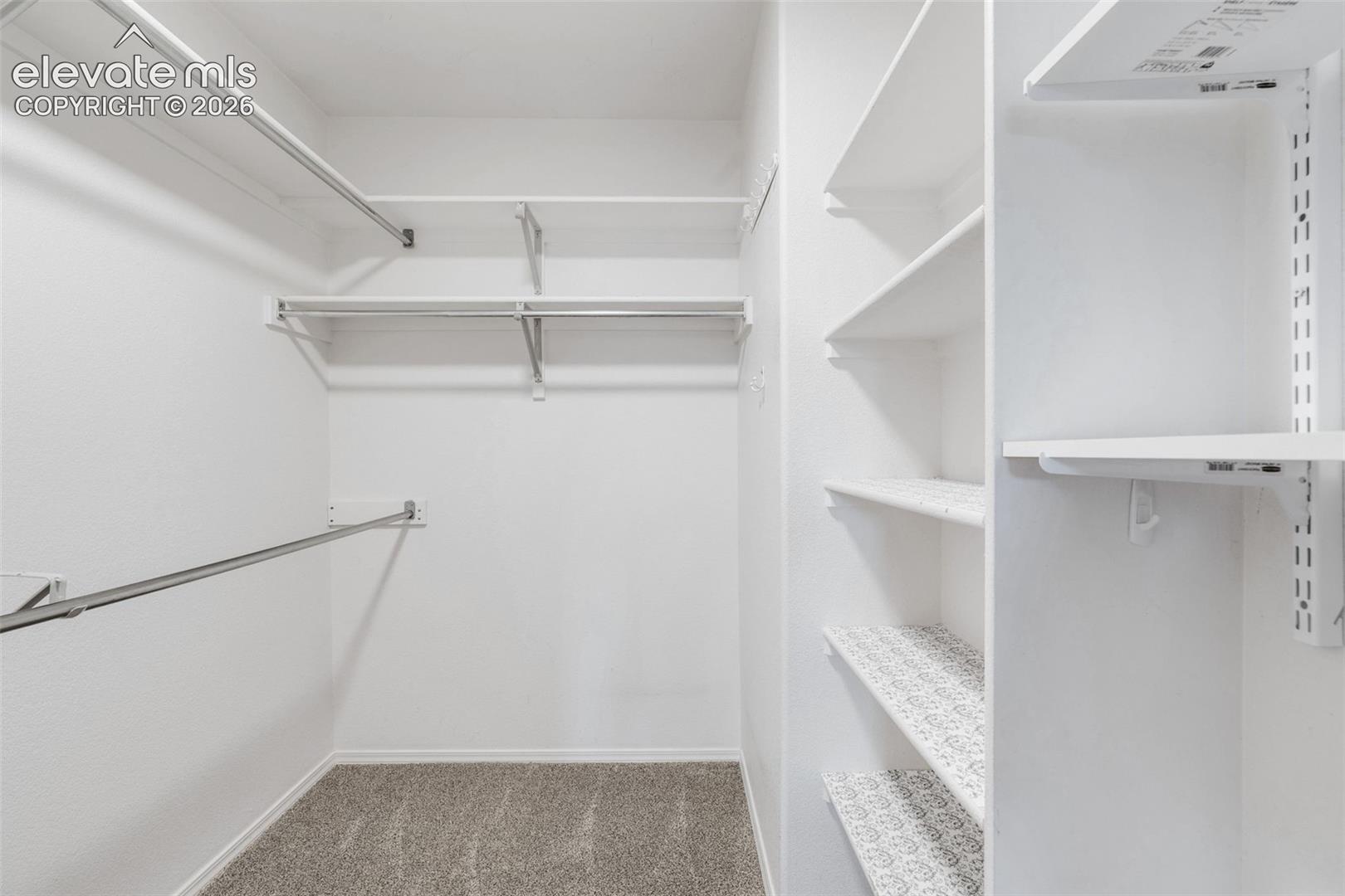 Storage space featuring multi-level wire shelving, dedicated hanging rods, and adjustable wall-mounted rack shelving over carpeting