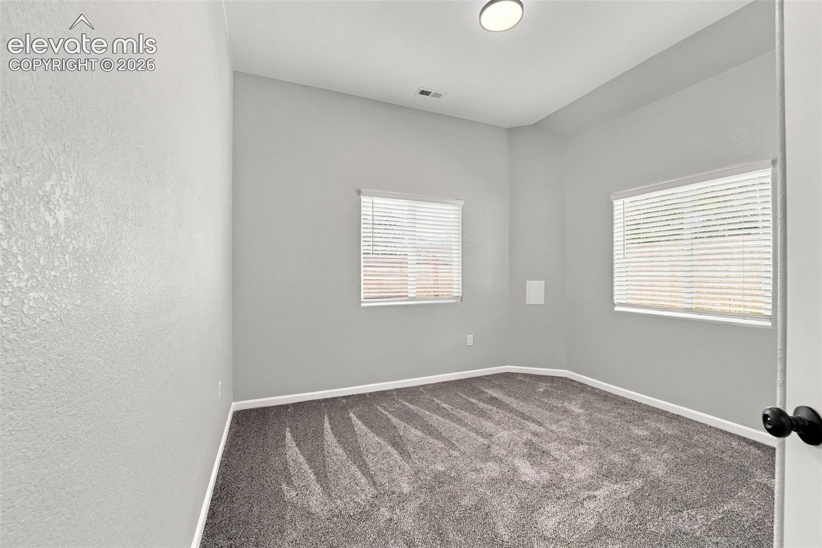 Neutral gray walls with textured finish, two windows featuring horizontal blinds, dark gray carpeting, and a flush-mount ceiling light fixture