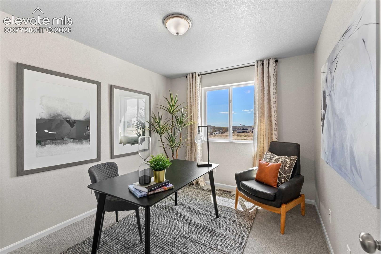 Neutral wall tones, carpeted flooring, and a single-panel window with a flush-mount overhead light fixture
*photos of a model home*