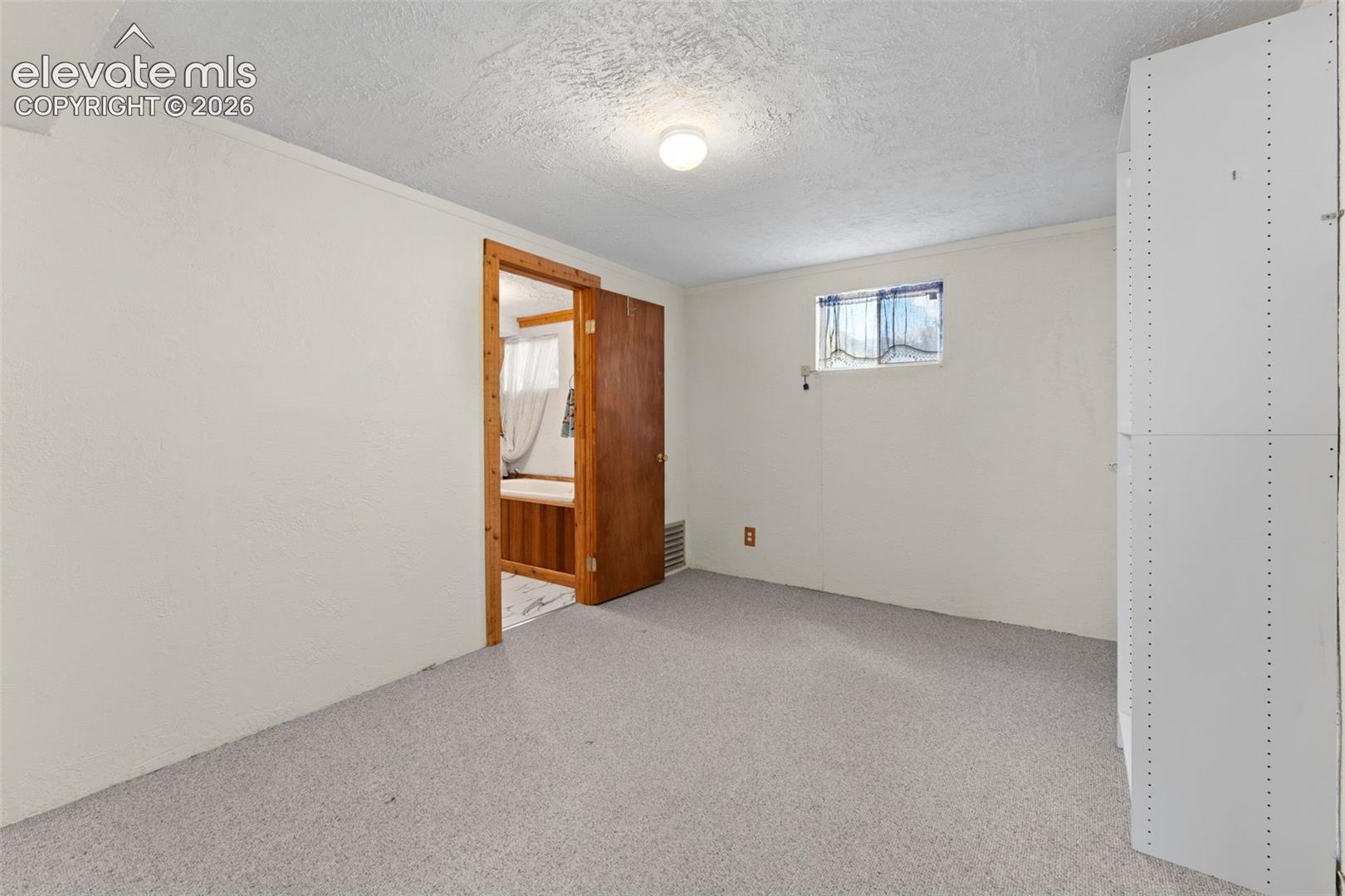 Carpeted flooring, egress window, white painted walls, ceiling-mounted light fixture, wood-finish door frame