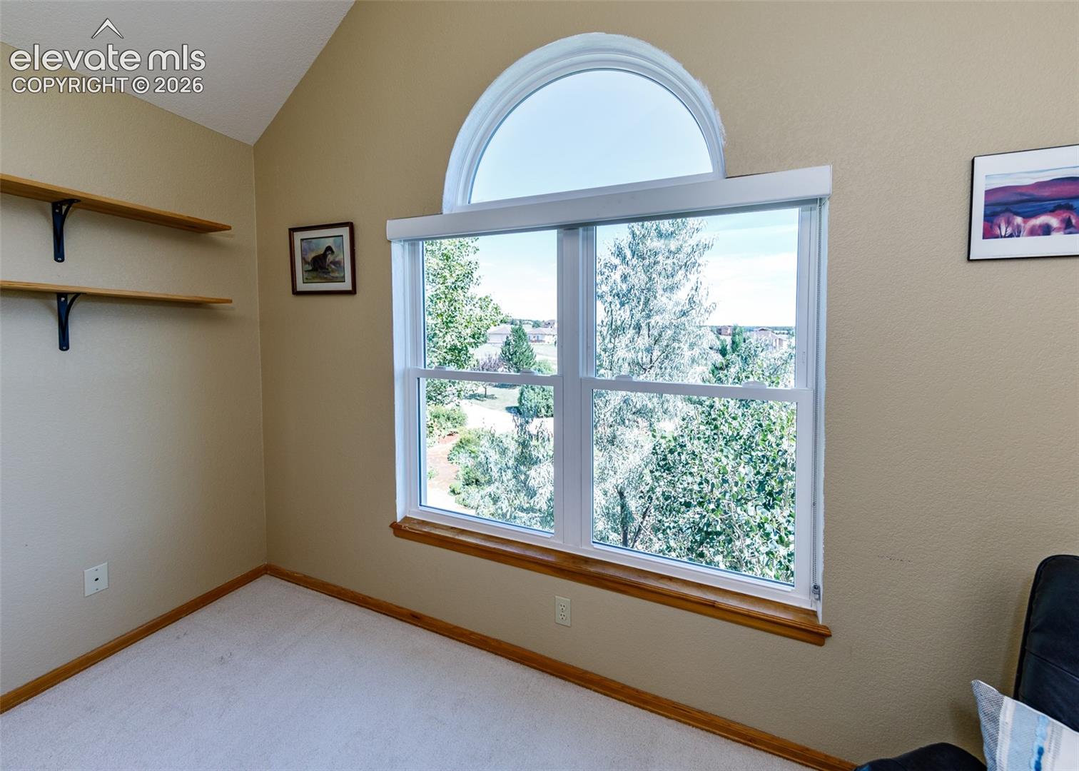 Vaulted ceiling, arched window, and dual wall-mounted wood shelves