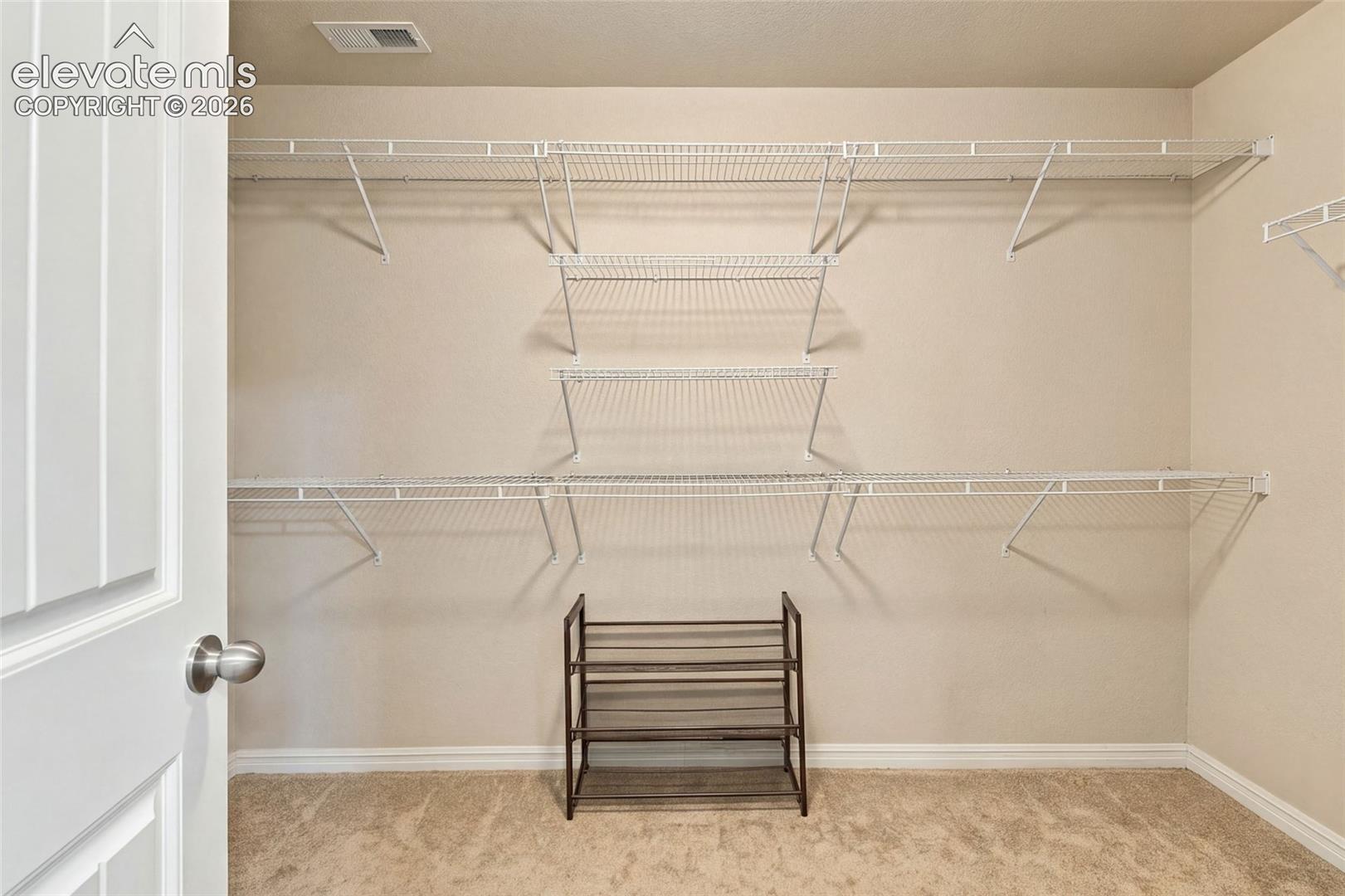 Storage area featuring wall-to-wall white wire shelving and neutral carpeting