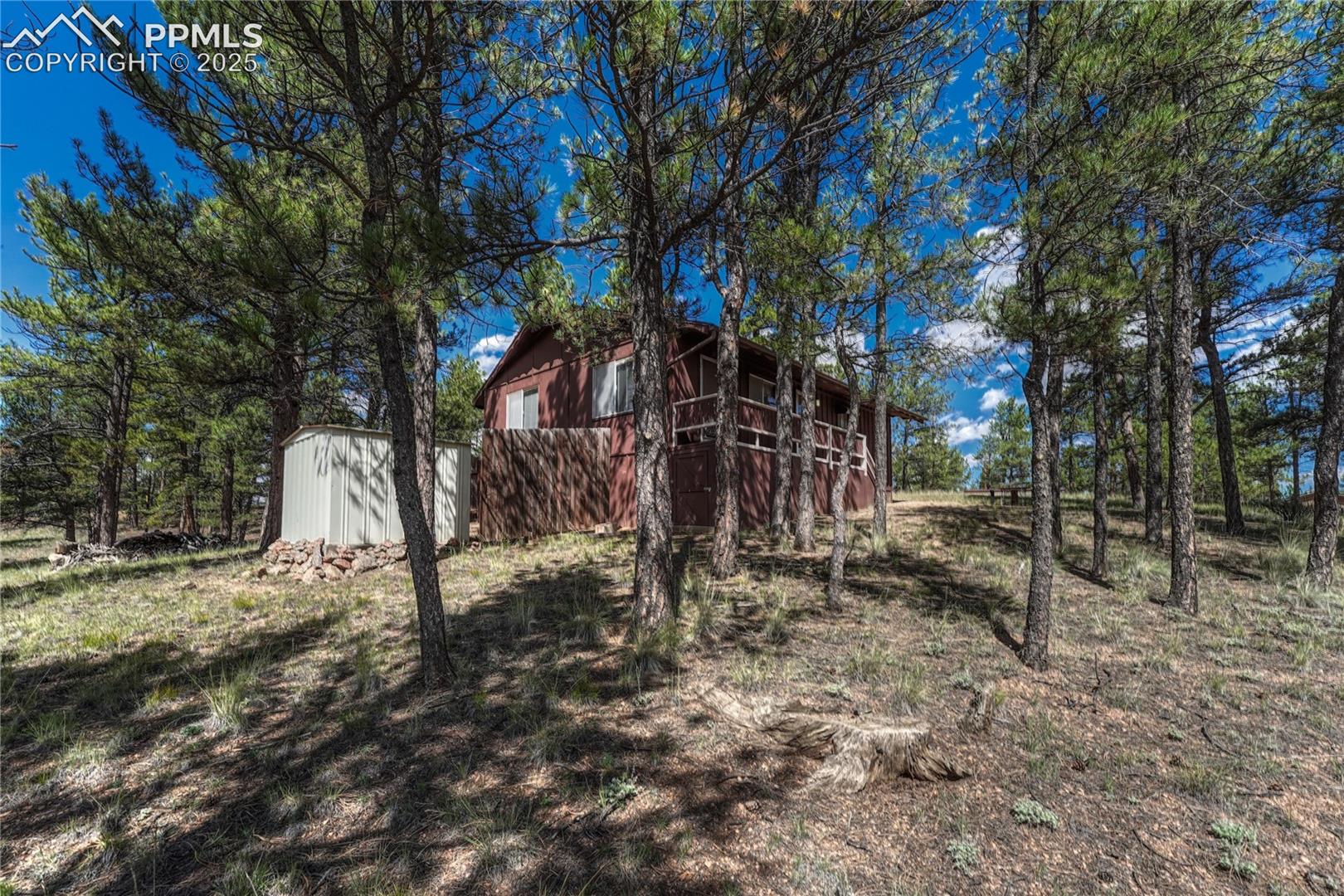 back yard with fence and metal shed
