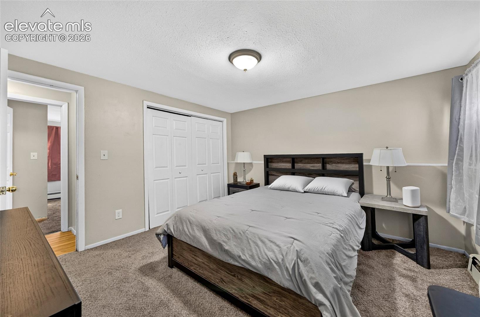 Neutral-toned interior featuring carpeting, dual-panel closet doors, and flush-mount ceiling lighting