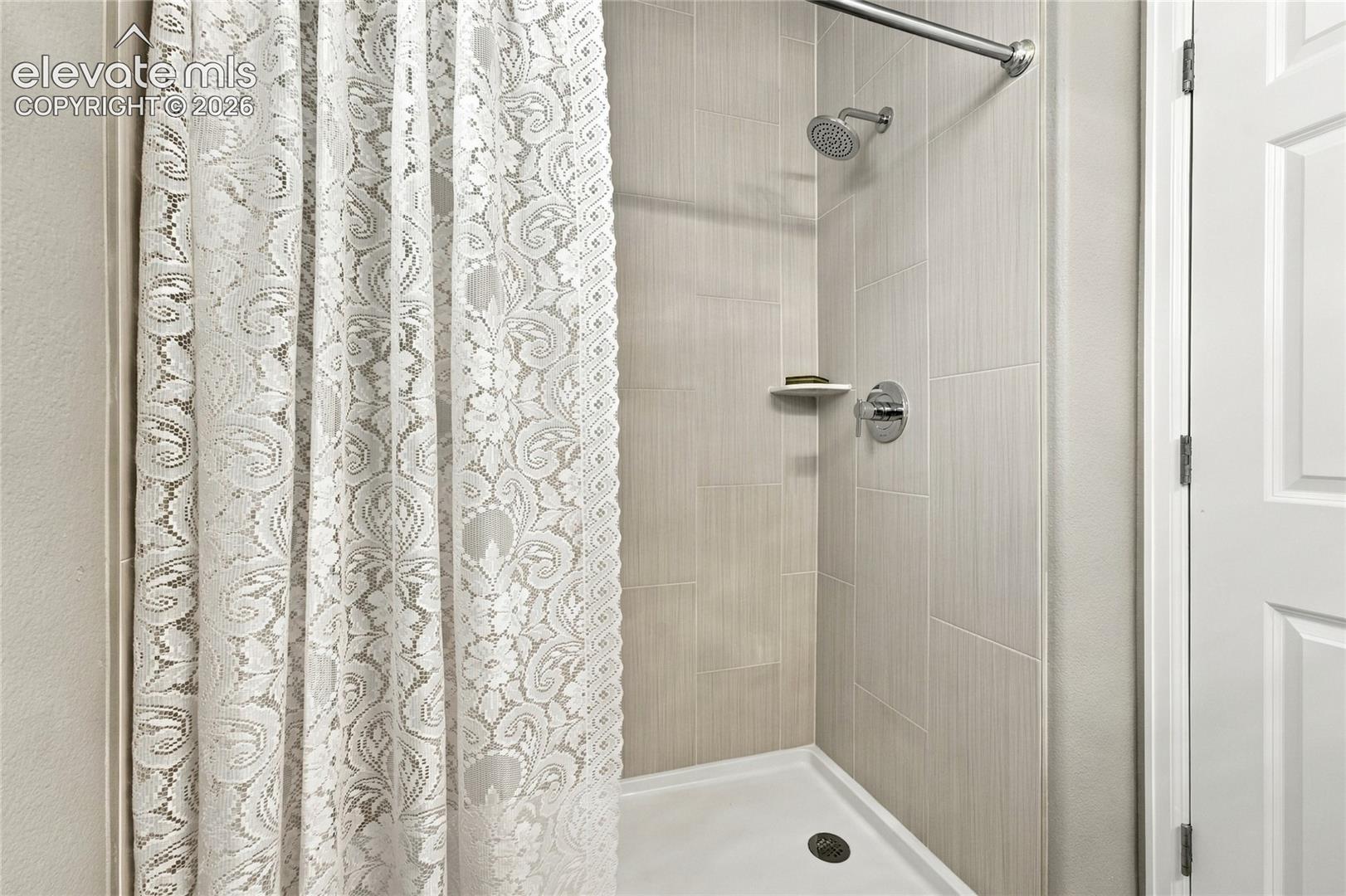 new shower basin, hardware and floor to ceiling high quality porcelain tile