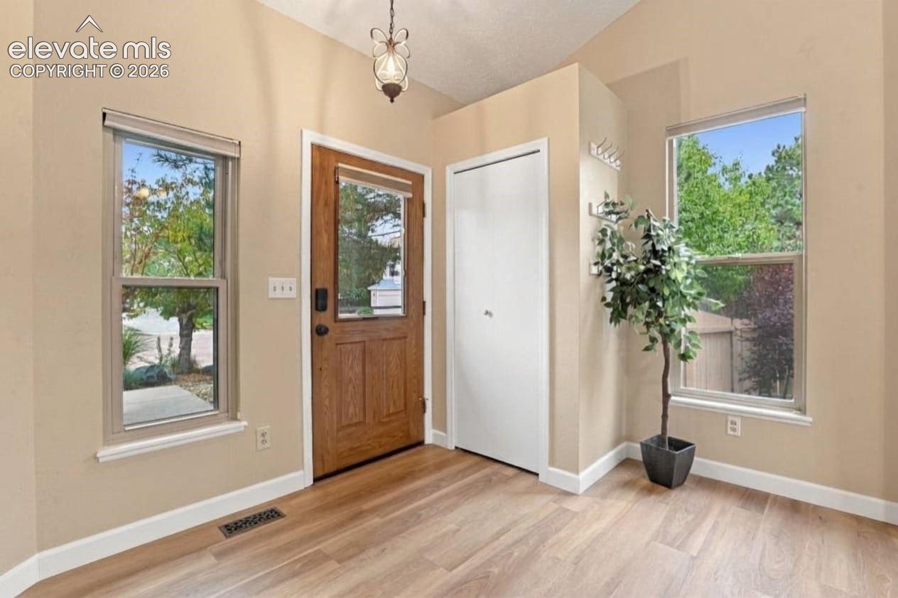 Entryway featuring wood-finish flooring, a wood-paneled door with a glass inlay, dual windows, a built-in closet with white paneling, and an overhead pendant light fixture