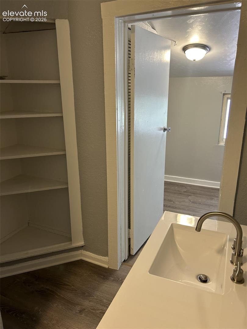 Built-in shelving, wood-finish flooring, integrated sink with a brushed nickel faucet, and a ceiling-mounted light fixture