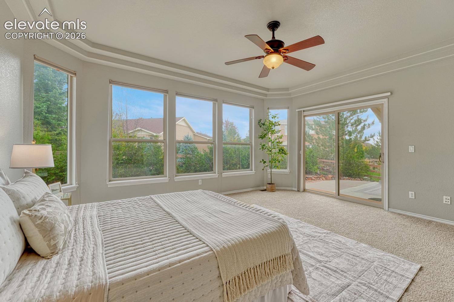 The beautiful main level Primary Bedroom features neutral carpet, a tray ceiling, lighted ceiling fan, a wall of windows, and slider door to the backyard patio.