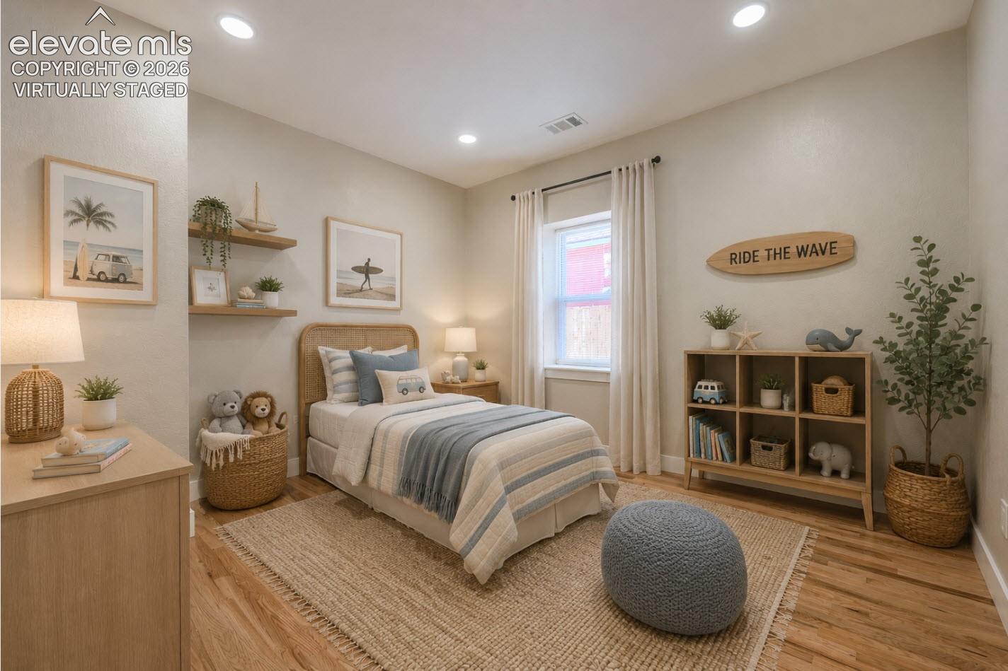 Virtually staged as a child's bedroom.