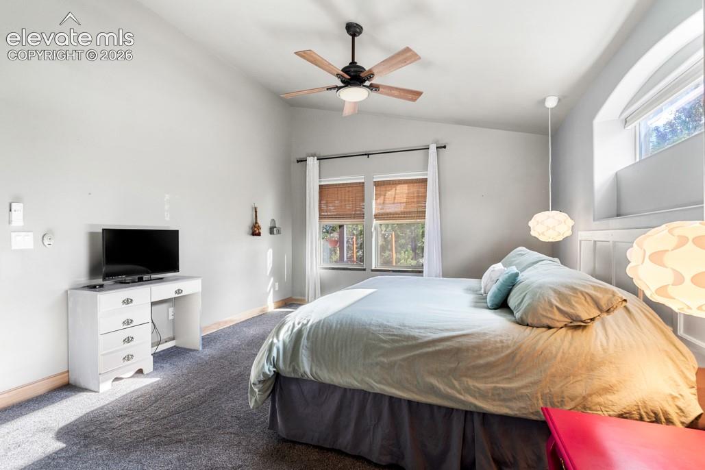 Vaulted ceiling, ceiling fan, carpet flooring, arched window, and rectangular window with blinds