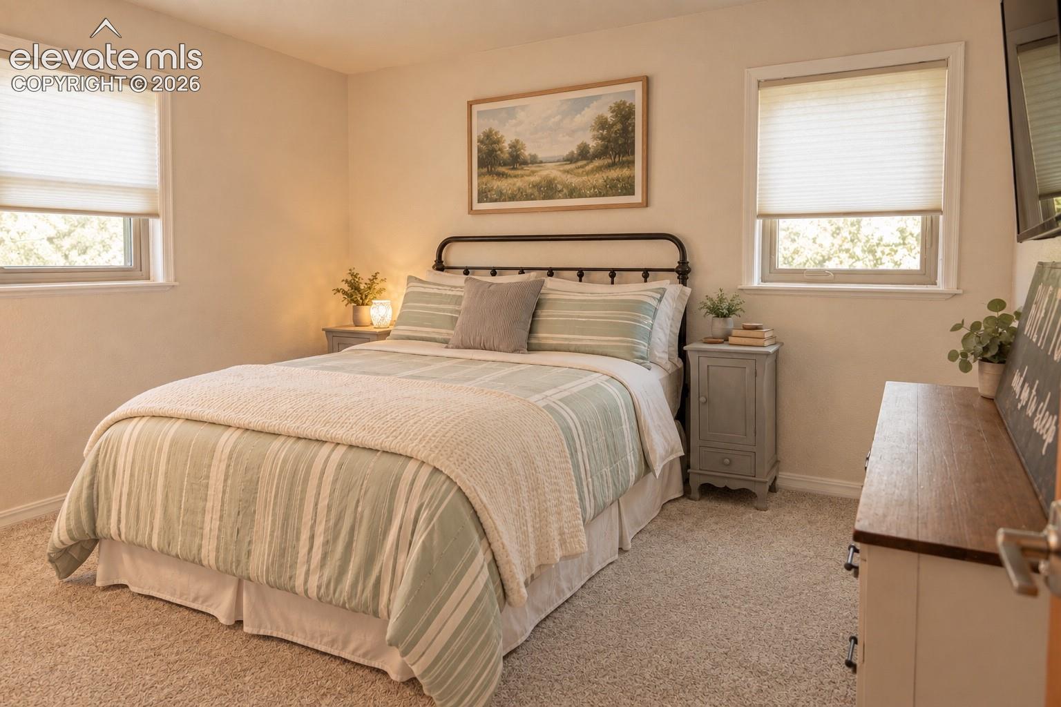Wall-to-wall carpeting, two windows with cellular blinds, and a built-in wall-mounted television
