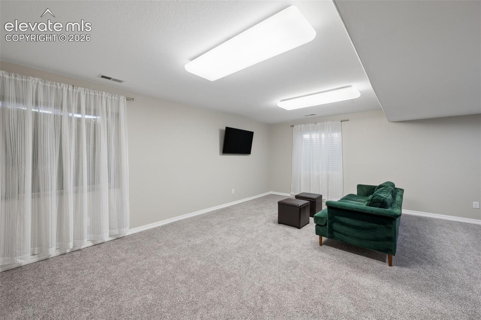 Neutral-toned interior featuring wall-to-wall carpeting, two dual-pane rectangular flush-mount ceiling light fixtures, and two windows