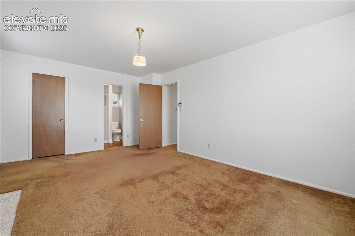 Room featuring wall-to-wall carpeting, flush-mount light fixture, and two wood-finish doors