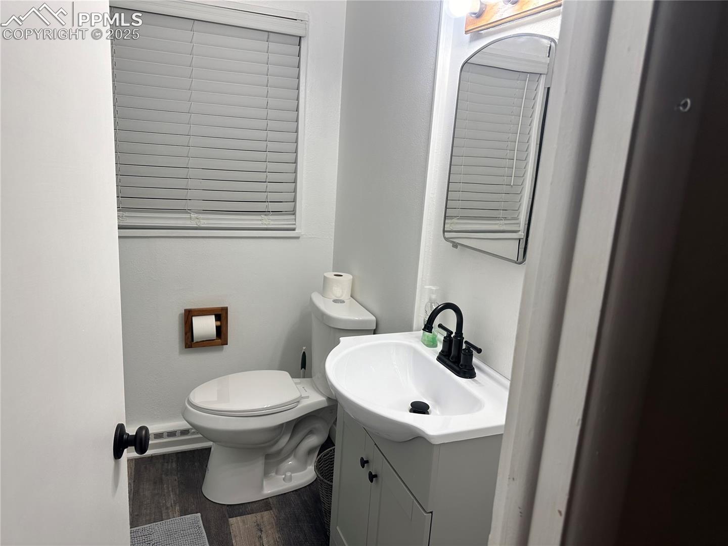Half bath featuring vanity and wood finished floors