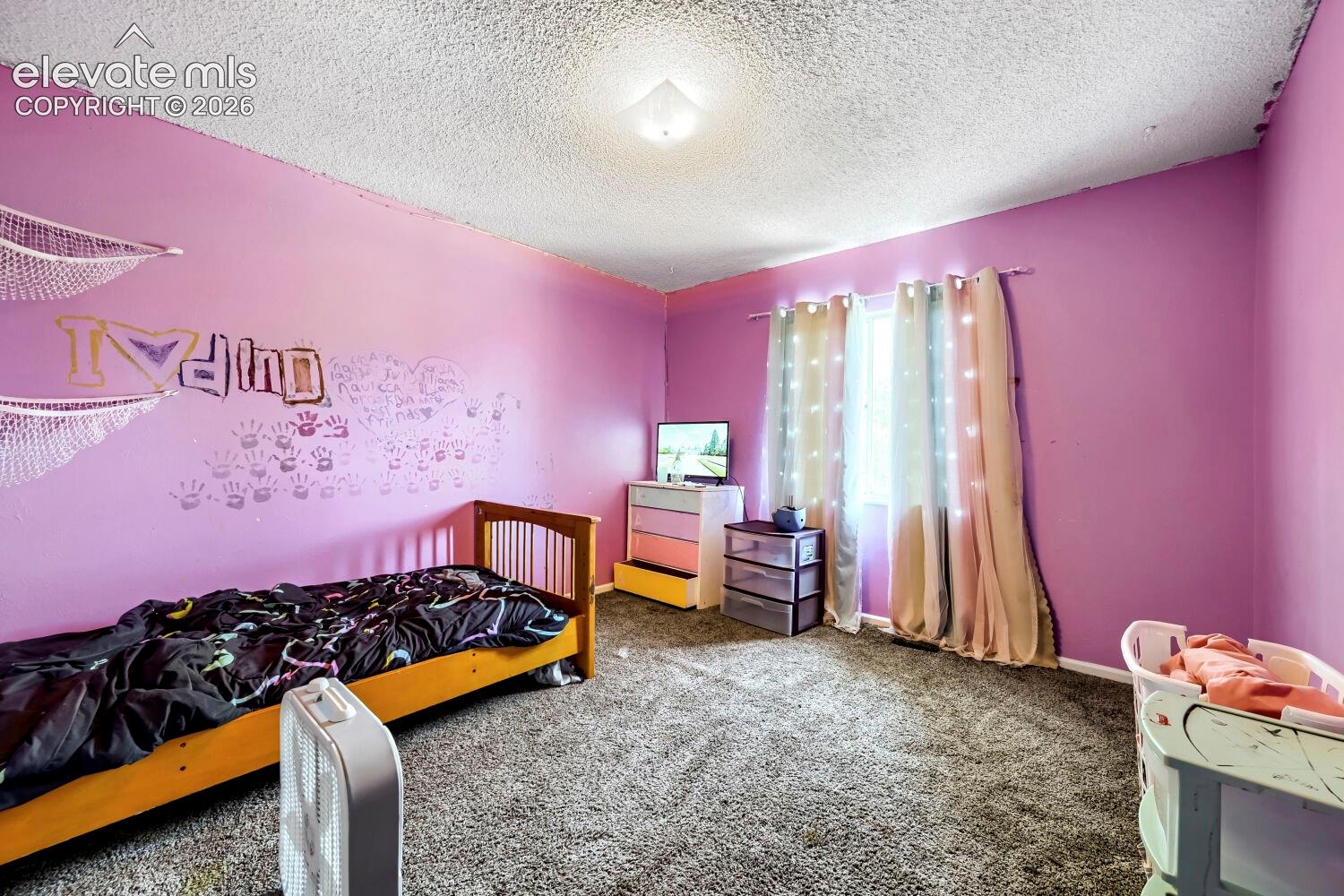 Carpeted room featuring light purple walls and a single window with light-filtering drapes