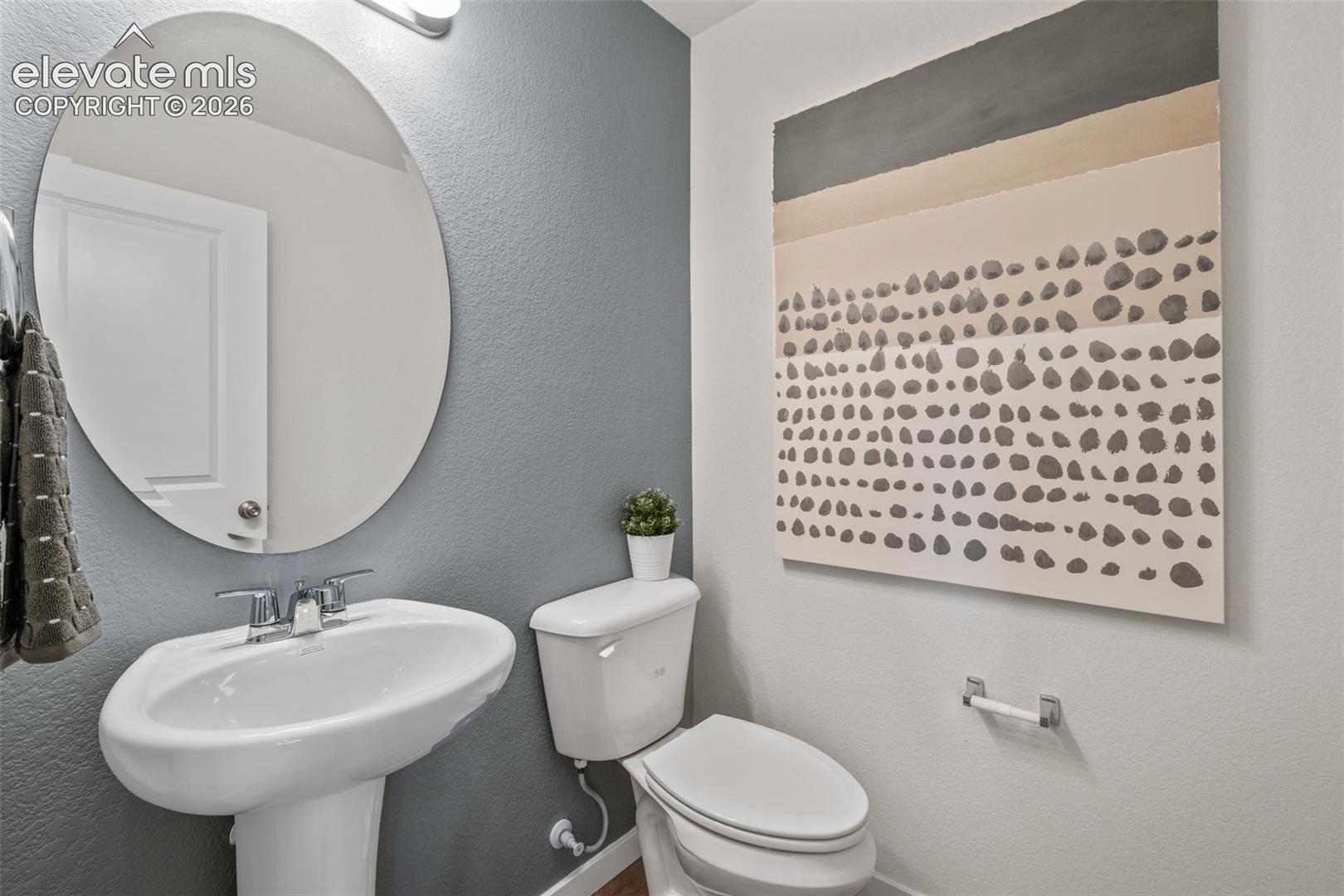 Pedestal sink with a chrome faucet, illuminated by a contemporary oval mirror with an overhead light fixture