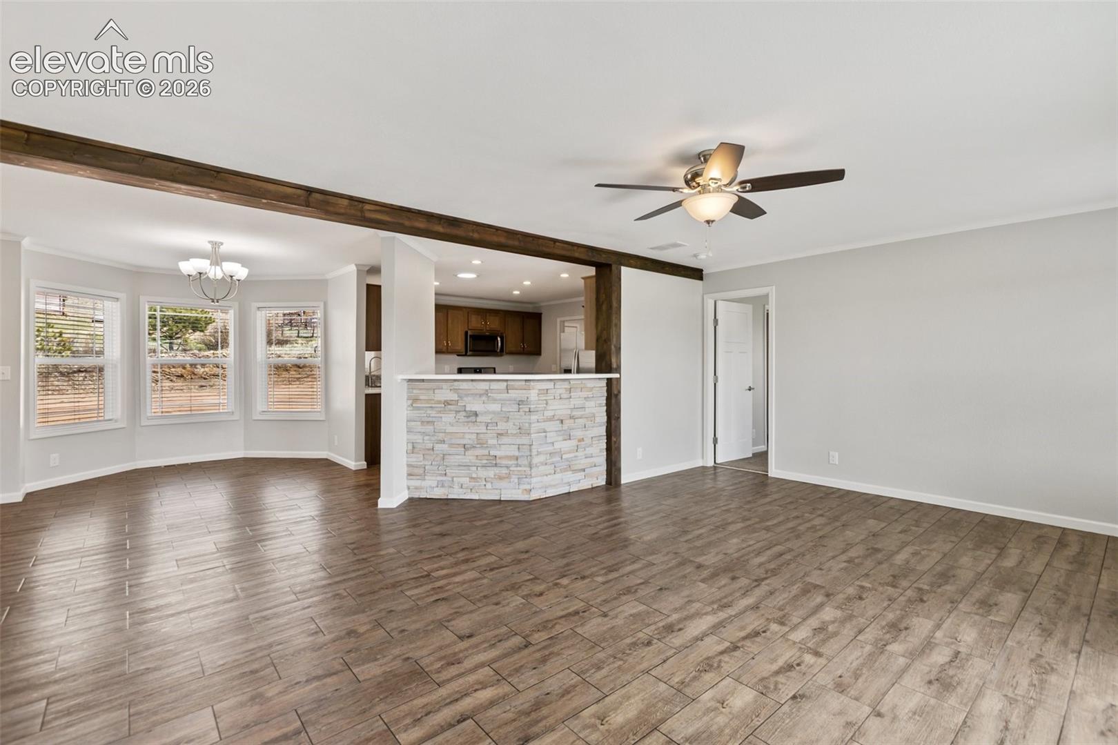 Living room, kitchen and dining room