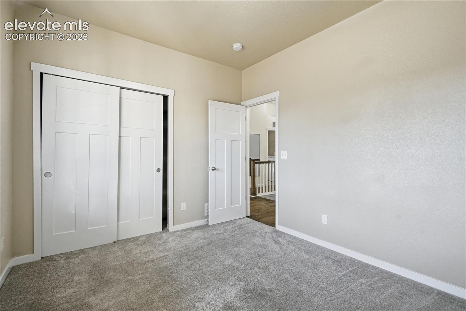 Neutral wall tones with crisp white trim, plush gray carpeting, and paneled doors