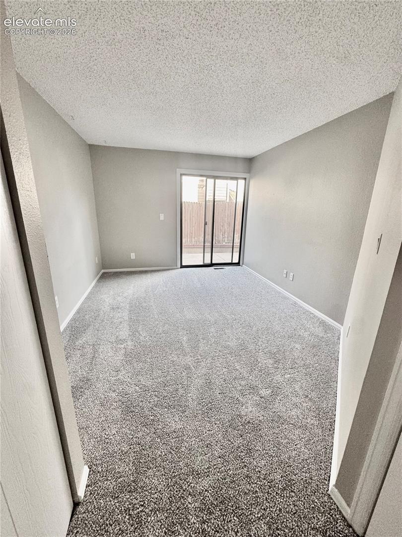 New carpeting throughout, neutral wall tones, and a sliding glass door to an outdoor area