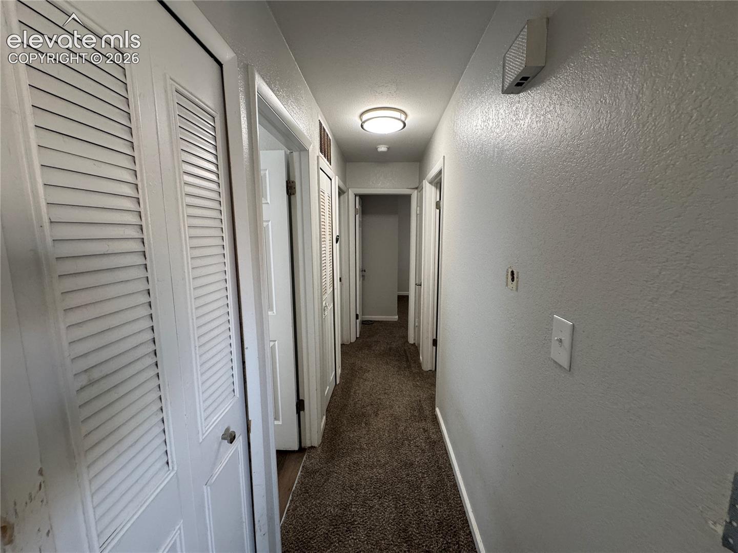 Carpeted hallway featuring multiple louvered bifold closet doors and overhead flush-mount lighting