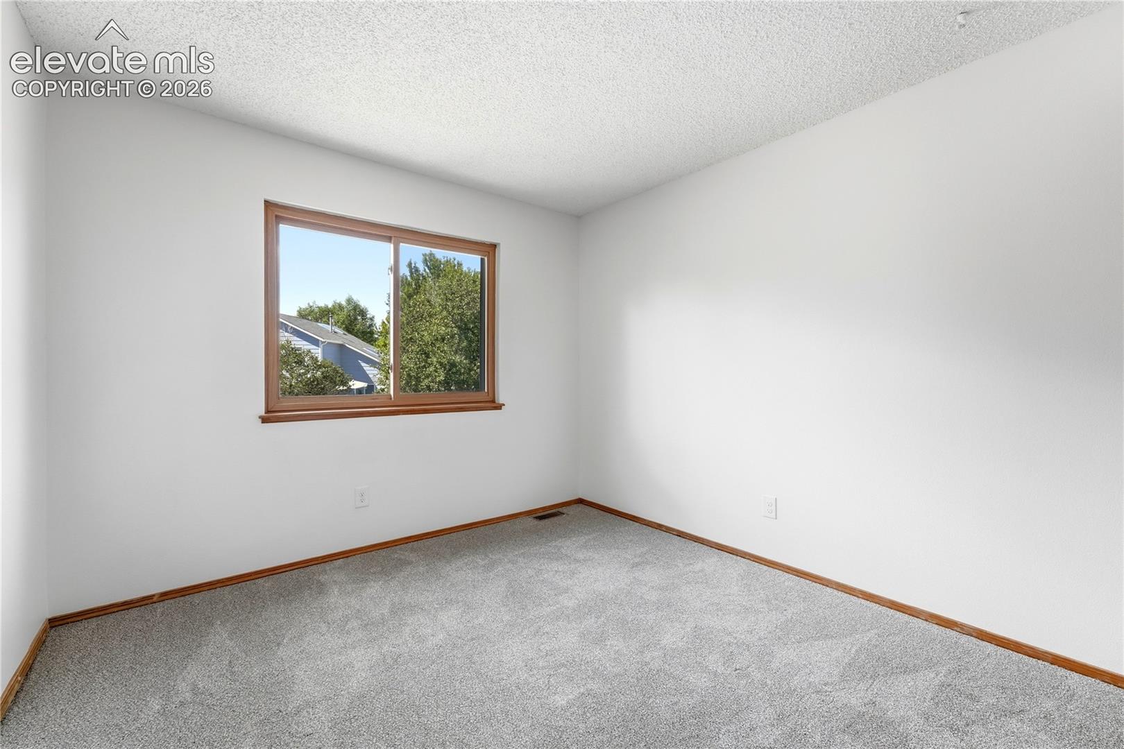 Wall-to-wall carpeting in a neutral tone, white painted walls, and faux wood vinyl window frame