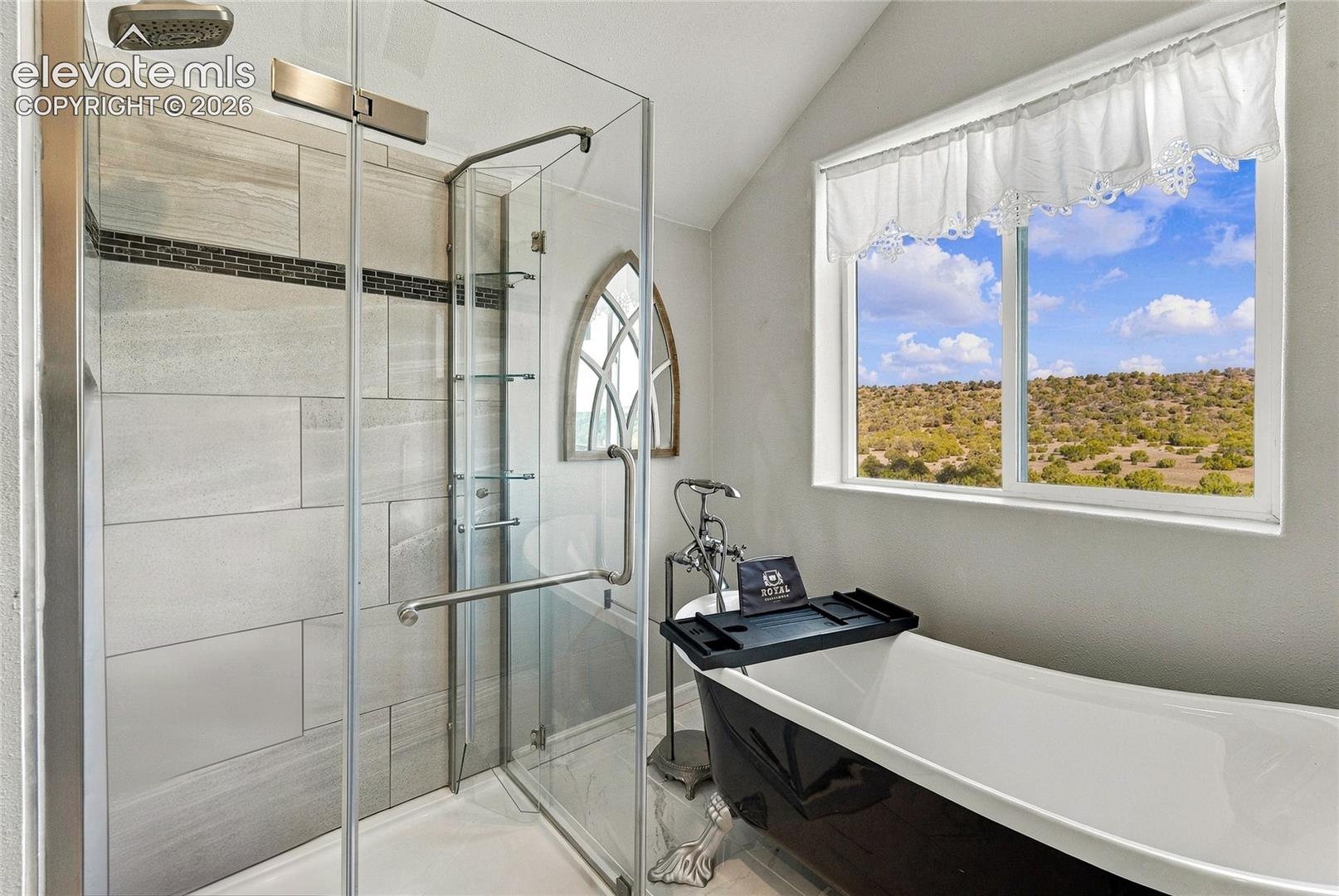 Walk-in shower with frameless glass enclosure and tile surround, clawfoot soaking tub, and exterior scenery through a large window