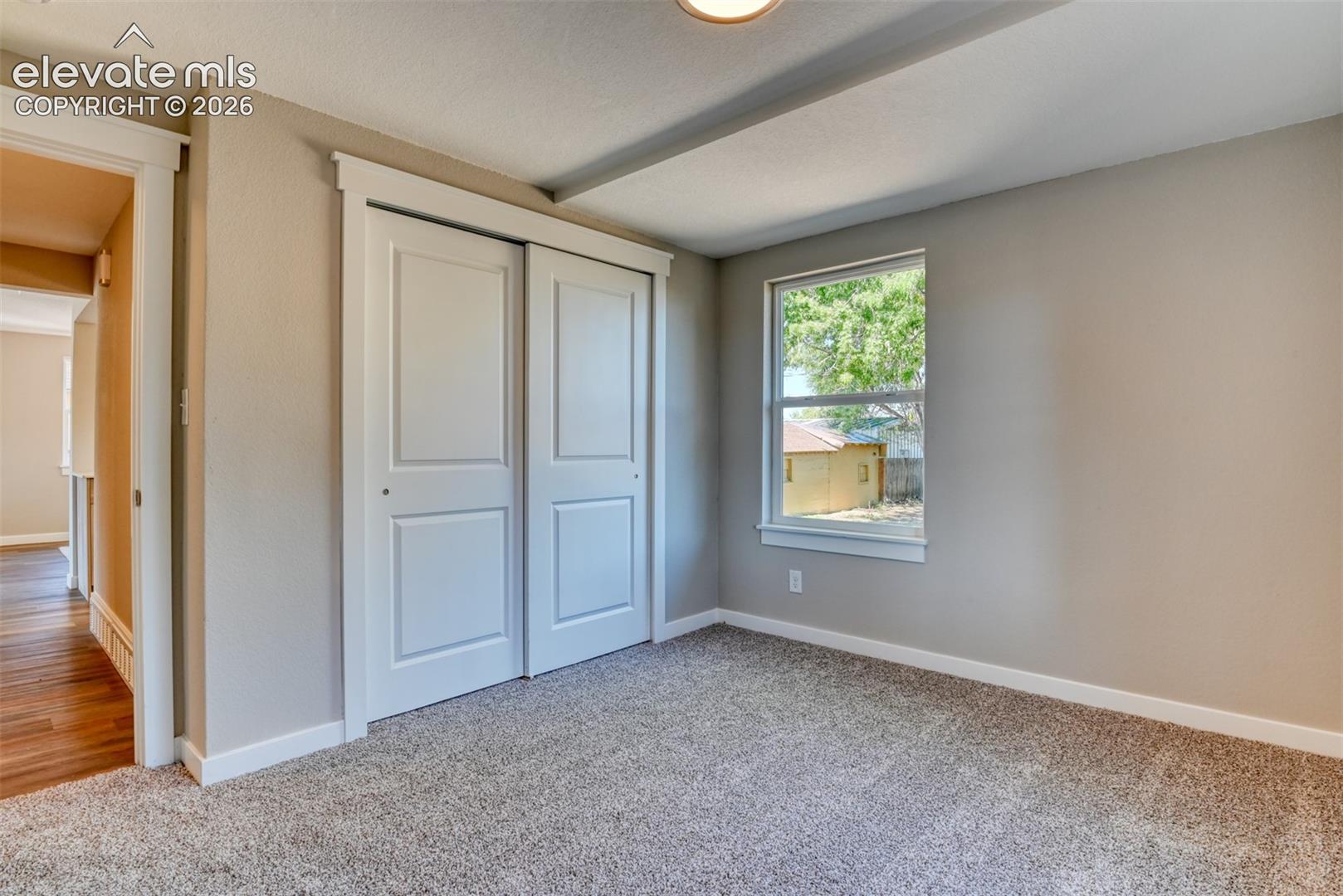 Spacious bedroom featuring neutral wall finishes, plush carpeting, dual closets with white panel doors, and abundant natural light from a large window overlooking outdoor scenery