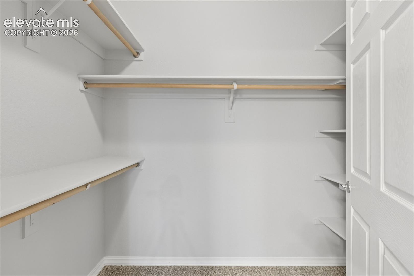 Storage area featuring white built-in shelving, wooden garment rods, and a paneled swing door
