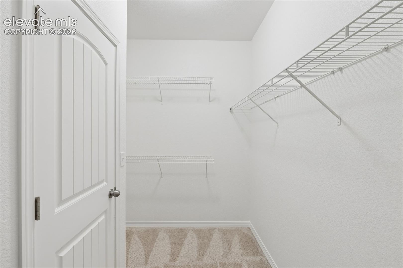 Walk-in closet featuring white wire shelving, a white paneled door, and patterned carpet flooring in Bedroom #5