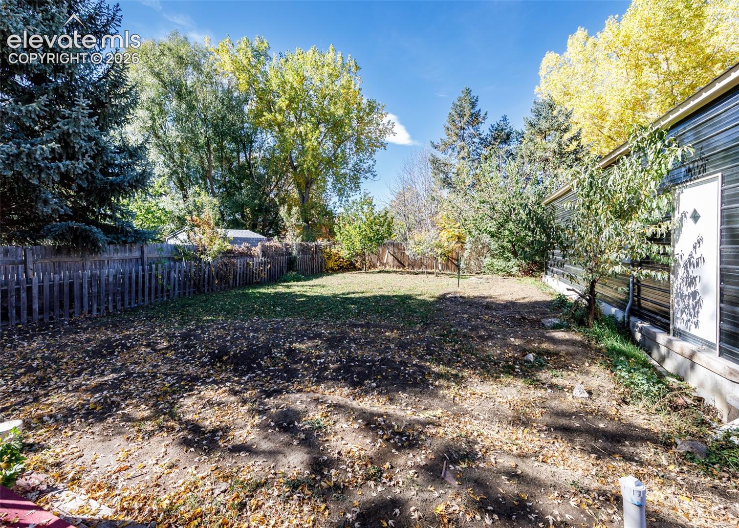Private backyard featuring a fenced perimeter, mature trees, and metal siding exterior