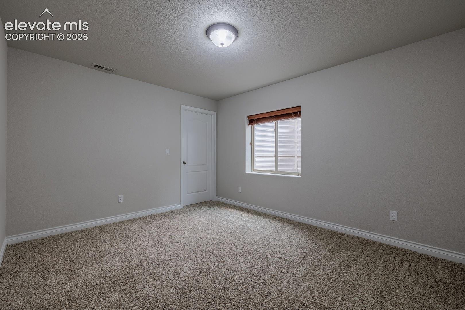 Carpeted room featuring light gray walls, a single window with blinds and a wood-finish valance, a white paneled door with dark hardware, and a ceiling-mounted light fixture