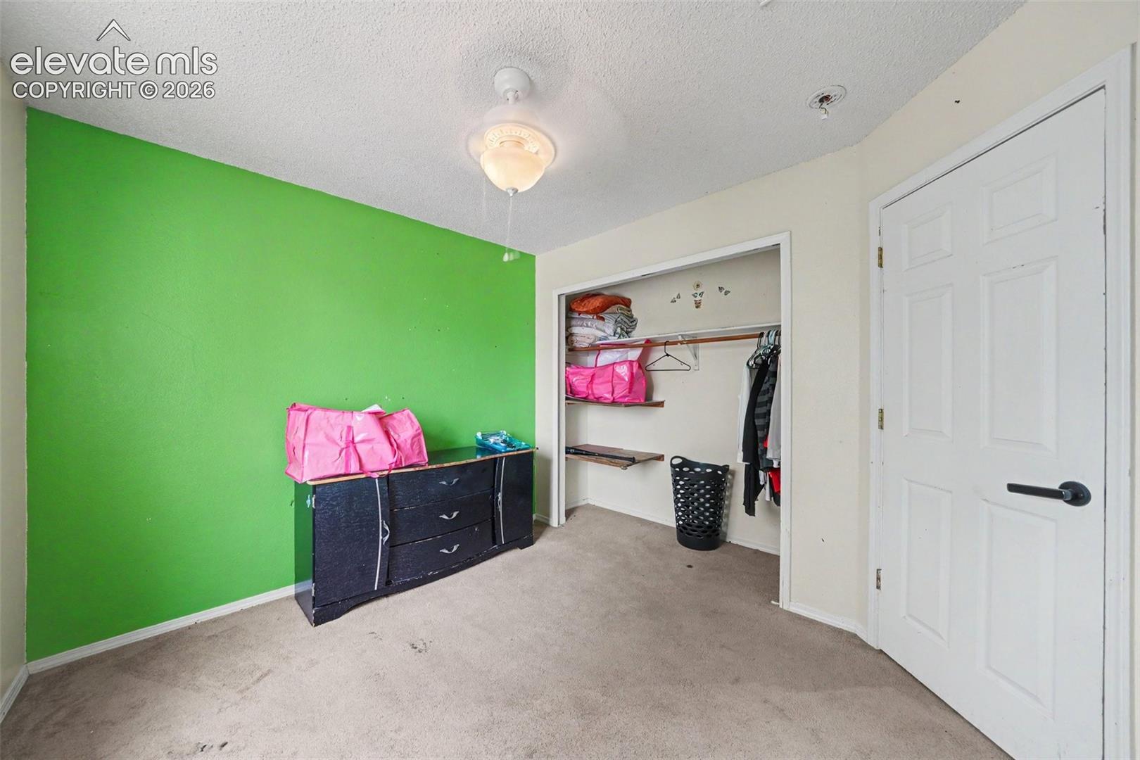 Neutral carpeting, built-in closet shelving, six-panel interior door with matte black hardware, and an attached ceiling fan with integrated lighting