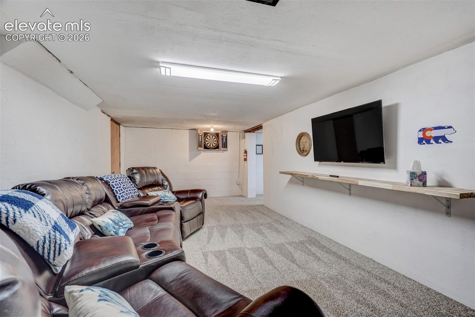 Carpeted flooring, wall-mounted television, and built-in shelving