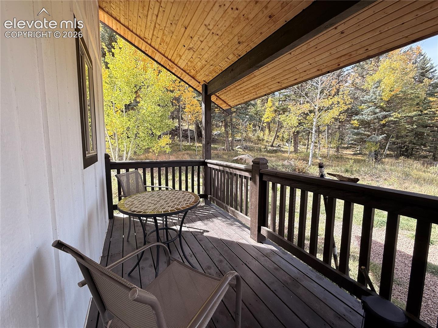 Covered deck with wood flooring and railing