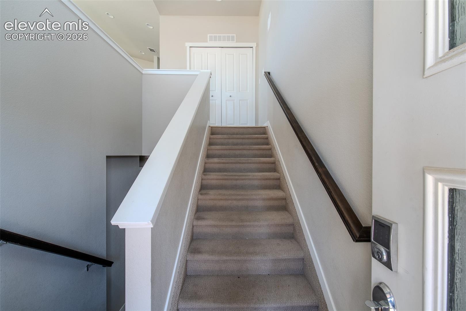 Carpeted stairs to the upper level.
