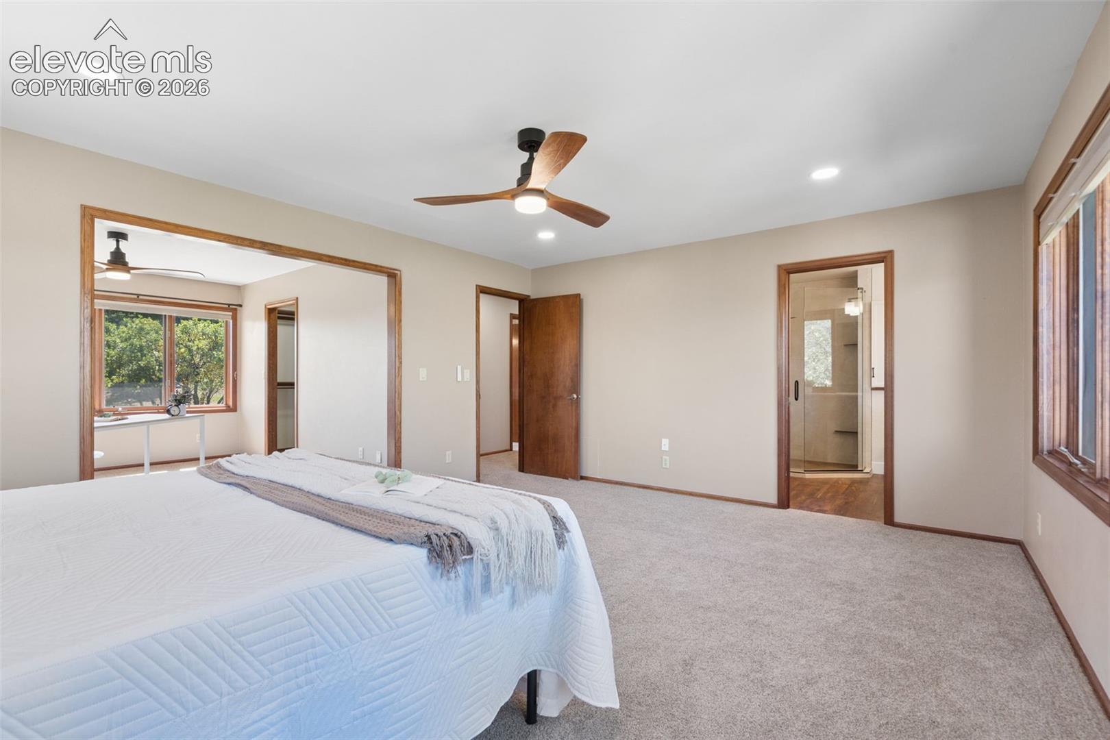 Recessed lighting, wood-finish trim, and ceiling fans