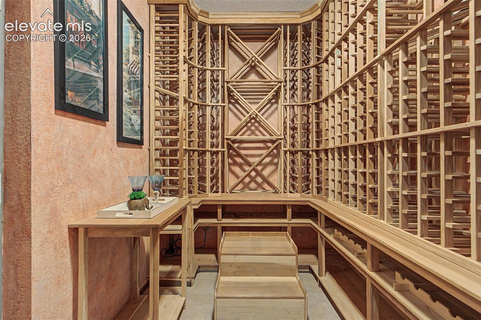 Dedicated wine cellar featuring extensive light wood racking, built-in display storage, a lower-level storage area, and a light wood countertop