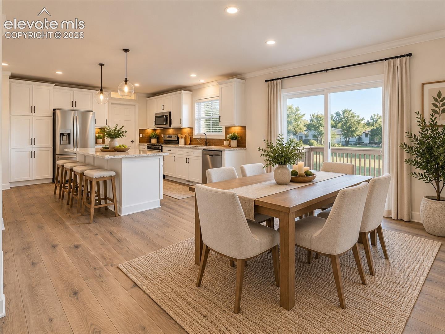 The kitchen and dining spaces come together in an inviting open layout, with island seating and large glass doors bringing natural light into the room.