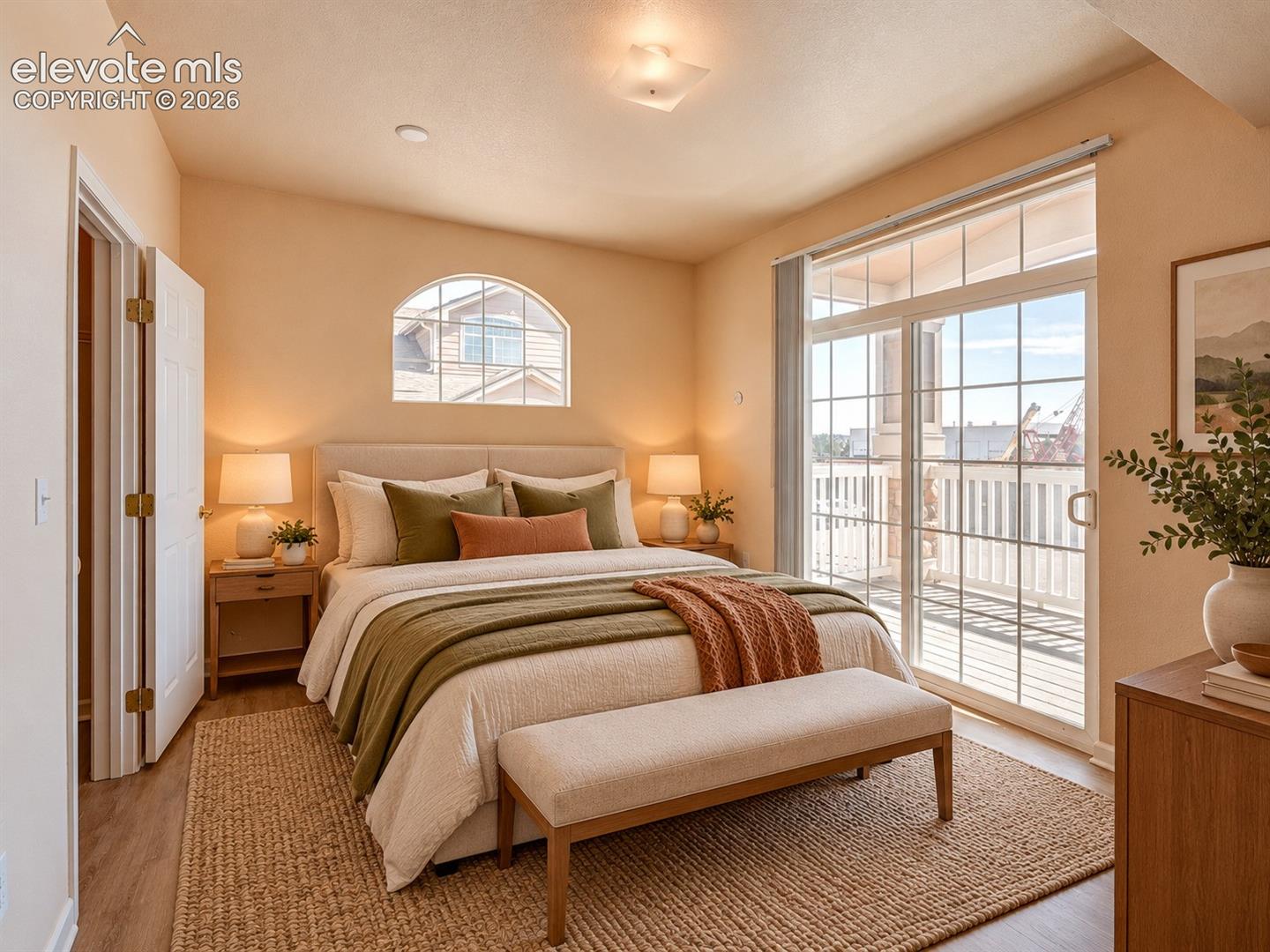 Bedroom featuring wood-finish flooring, an arched window, a grid-pattern glass sliding door, and a flush-mount ceiling light fixture