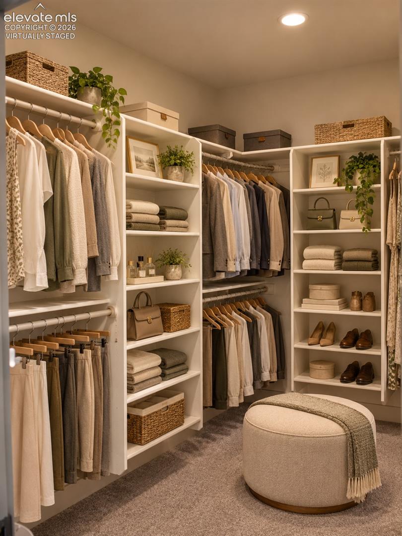 Virtually staged Custom closet system with integrated shelving, multiple hanging rods, and recessed ceiling lighting