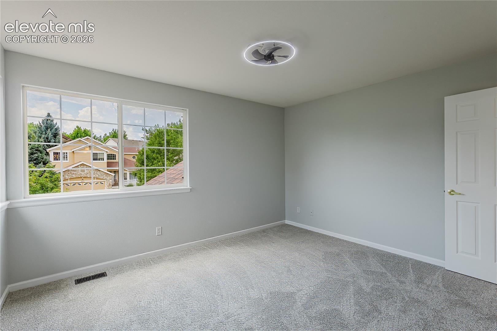 Light gray walls, light gray carpet flooring, ceiling-mounted light fixture, white trim, and a white paneled door