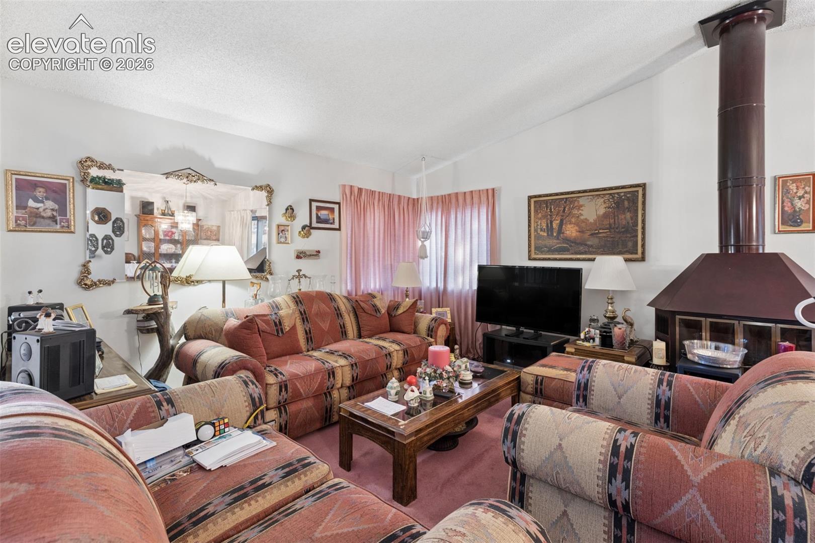 Living area featuring a vaulted ceiling and a metal, wood-burning stove with a chimney pipe