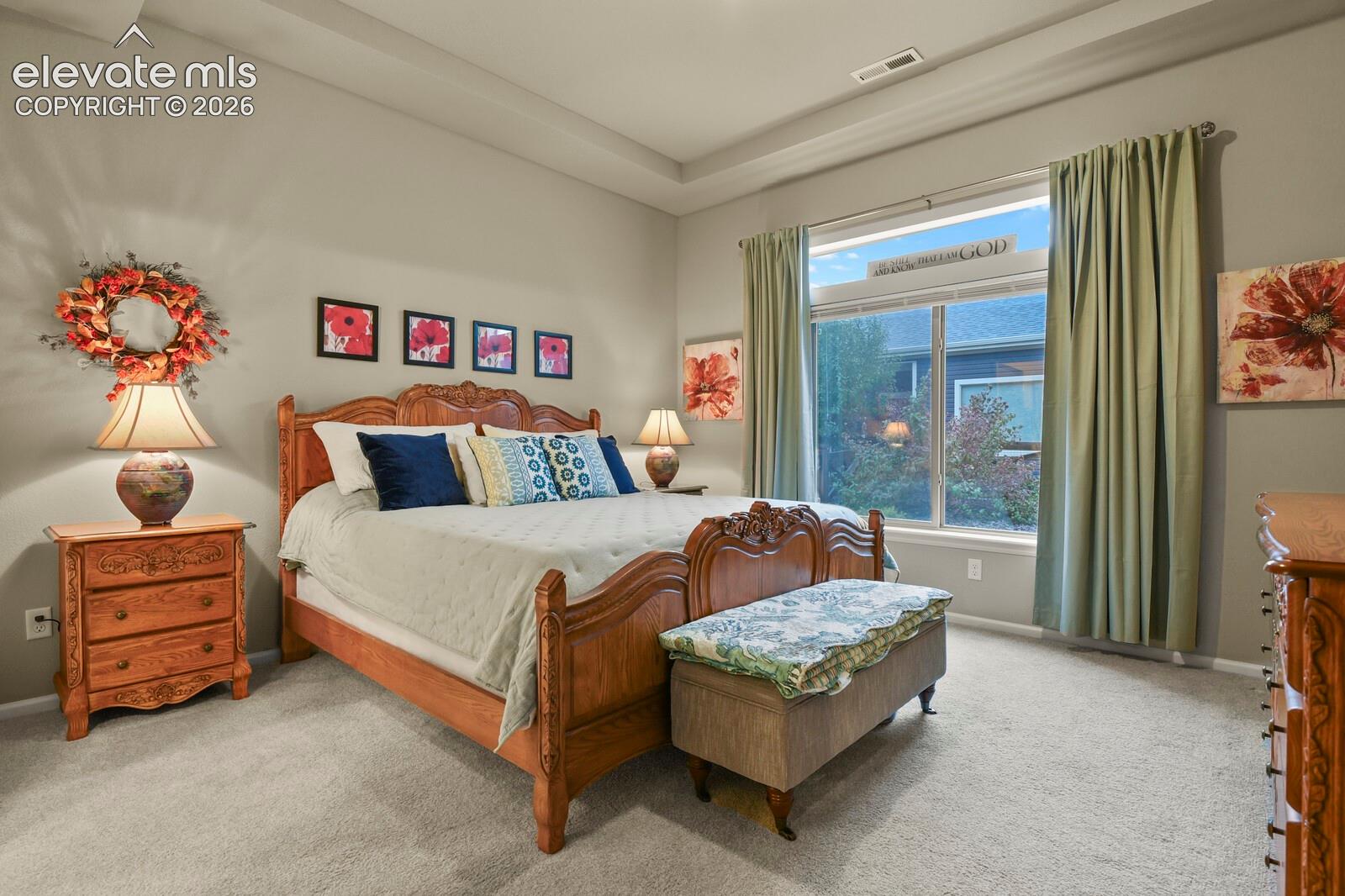 14'x14' Primary Bedroom featuring a Tray ceiling with recessed lighting and large window