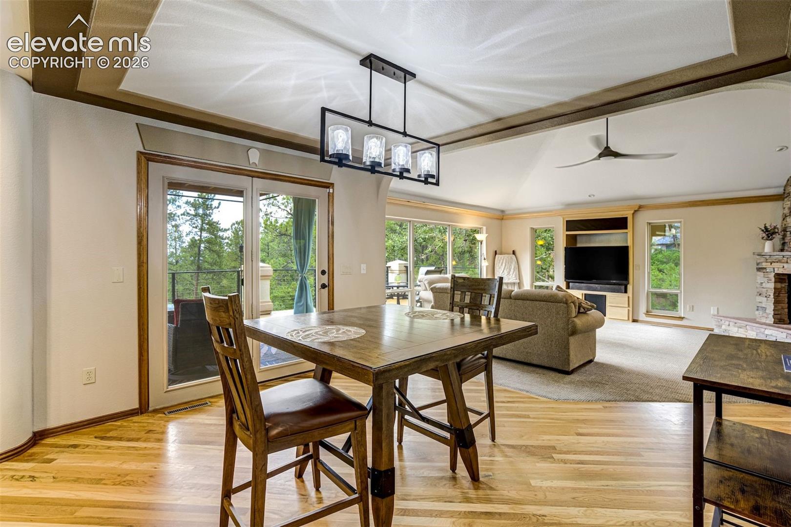 Hardwood flooring, tray ceiling, sliding glass doors to a balcony, vaulted ceiling, and a stone-faced fireplace with hearth