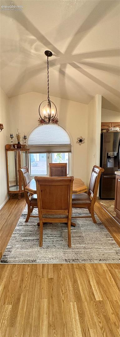 Vaulted ceiling featuring a decorative pendant light, wood-finish flooring, and an arched window with a blind