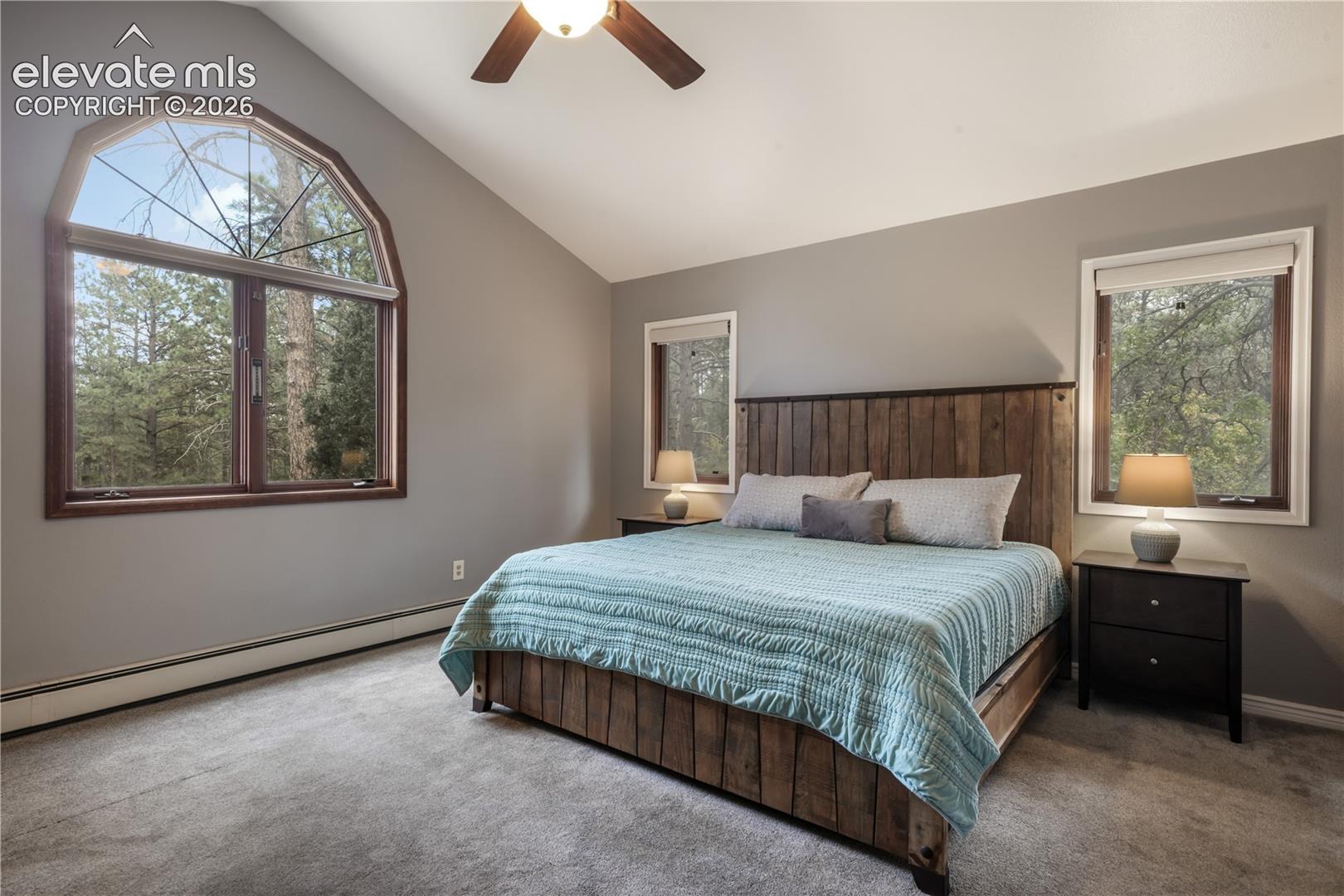 Main level primary bedroom with vaulted ceilings 