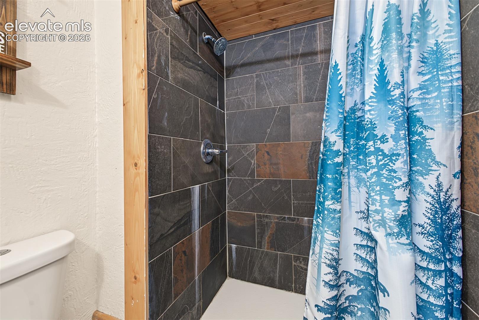 Tiled shower enclosure with a wood-planked ceiling and chrome fixtures