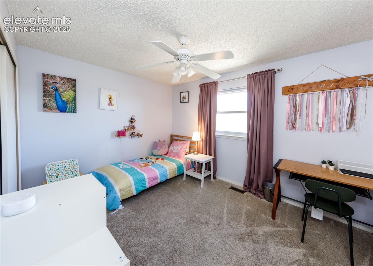 Carpeted flooring, ceiling fan, window with curtains, built-in closet with sliding doors, and light-toned walls