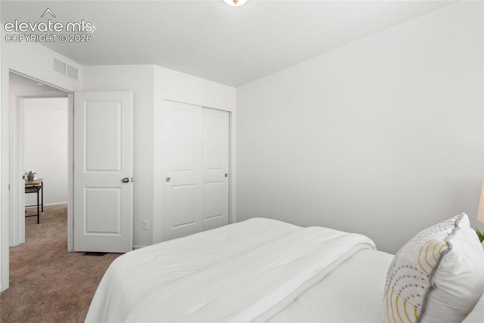 White paneled doors, sliding closet doors, and neutral carpeting
*photos  of a model home*
