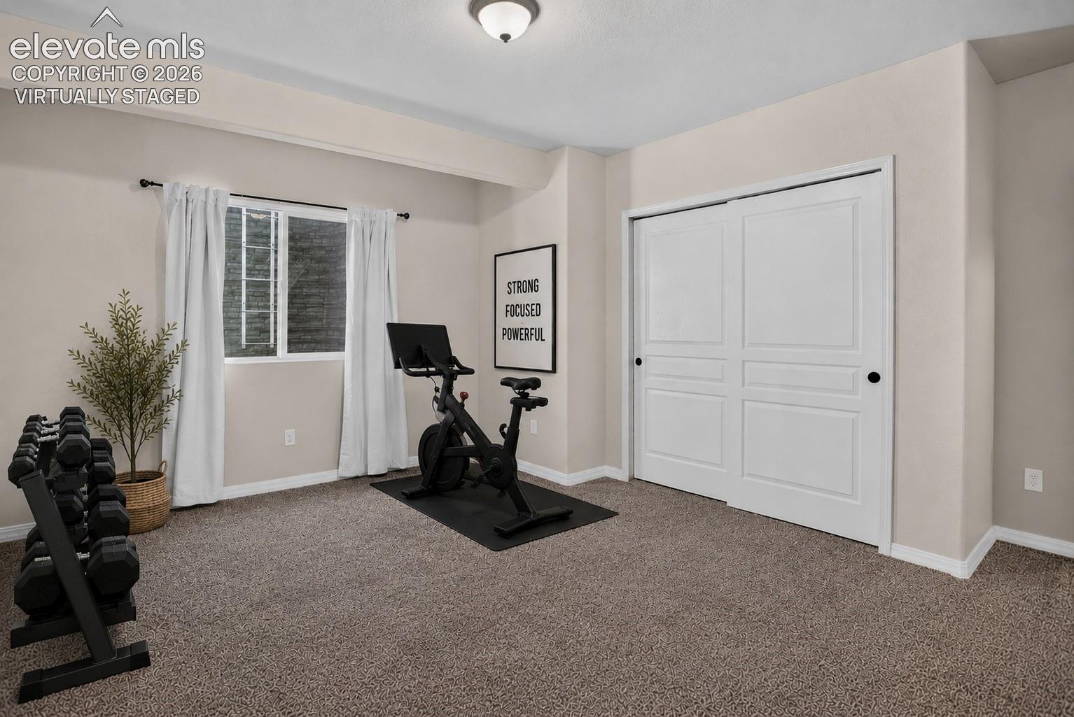 Virtually Staged - Plush carpeted flooring, a recessed window, and white sliding closet doors